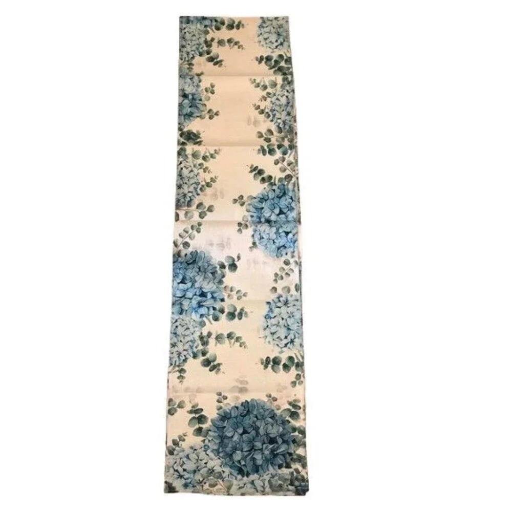 Table Runner 13x108in Woven Polyester Blue Hydrangea with Eucalyptus